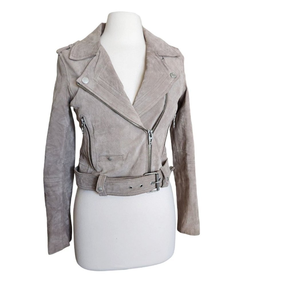 Blank NYC  Leather Moto Jacket  Suede Tan Beige Size XS with belt & zippers‎